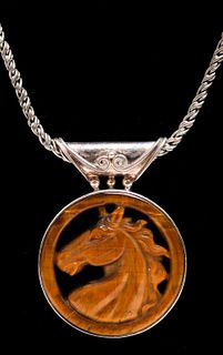 Silver Carved Tiger's Eye Horse-Motif Necklace