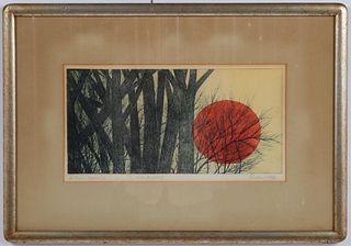 Illegibly Signed "Autumn Moon" A. P. Woodcut