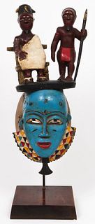 African Guro Polychrome Mask W Figural Crest