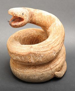 Folk Art Carved Wood Coiled Snake Sculpture