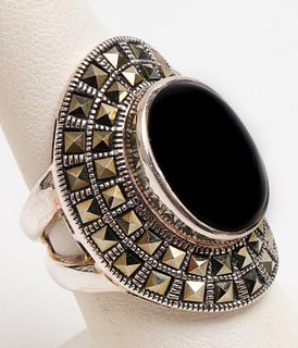 Art Deco Style Silver, Onyx & Hematite Ring