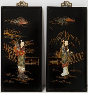 Chinese Lacquered Geisha Panels w Carved Stone, Pr