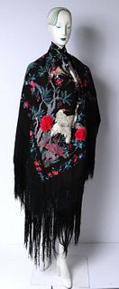 Chinese Silk Embroidered Piano Shawl W Bird Motifs