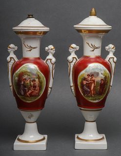 French Neoclassical Style Porcelain Mantel Urns Pr