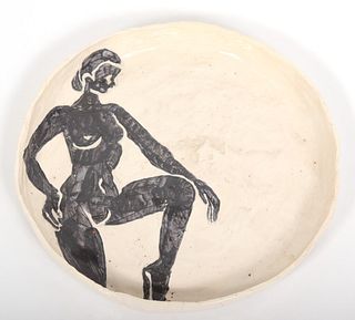Round Ceramic Platter W Stylized Figural Motif