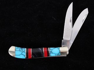 Navajo Turquoise Coral Inlaid Blue Mountain Knife