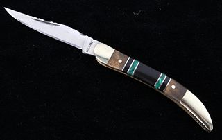 Navajo Malachite Jet & Wood Inlaid Maxam Knife
