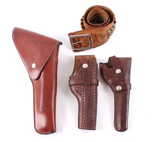 Collection of Genuine Leather Ammo Belt & Holsters