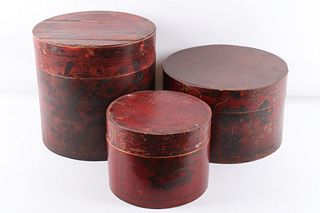 Chinese Hand Painted Cylindrical Wooden Boxes