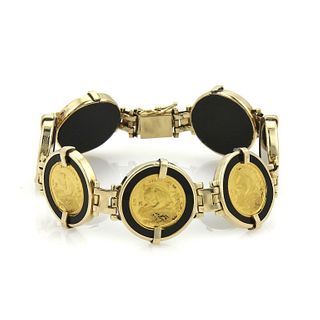24k Gold Panda Coin Onyx & 14k Round Link Bracelet