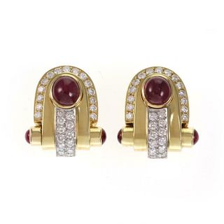 8 Carats Cabochon Ruby & Diamond 18k Gold Earrings
