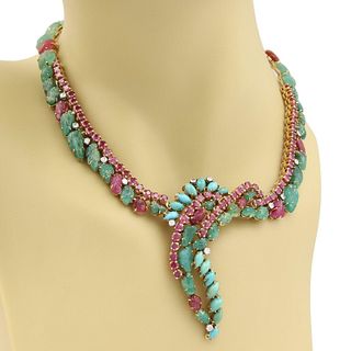 2.45ct Diamond Emerald & Ruby 18k Gold Necklace