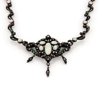 Silver & 14K YG Opal Diamond and Emerald Necklace