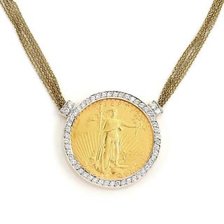 22k 1oz Liberty Coin 1.40ct Diamond 14k Gold Chain