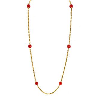 Red Coral Bead 18 Karat Yellow Gold Link Necklace