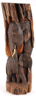 Large Hand Carved Hardwood Elephant & Calf