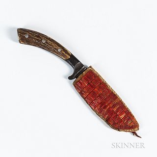 Small Bone Handle Knife with Quilled Hide Knife Sheath