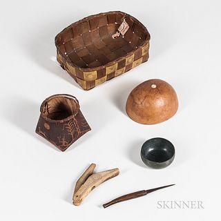 Northeast Basket, Birchbark Box, Two Bowls and Two Tools
