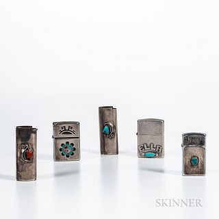 Five Southwest Silver Lighters and Cases