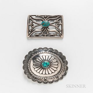 Two Navajo Silver and Turquoise Belt Buckles