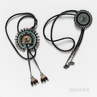 Two Zuni Silver Inlay Bolo Ties
