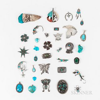 Thirty-four Navajo and Zuni Silver and Turquoise Pendants and Pins