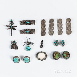 Seventeen Navajo Silver Pins and Earrings