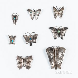 Eight Navajo Silver and Turquoise Butterfly Pins