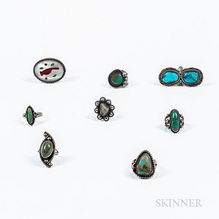 Eight Navajo Silver and Turquoise Rings