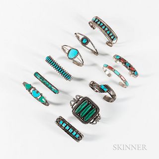Eleven Southwest Silver and Turquoise Bracelets