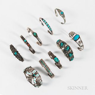 Ten Navajo Silver and Turquoise Bracelets