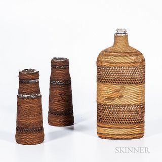 Three Northwest Basketry Covered Bottles