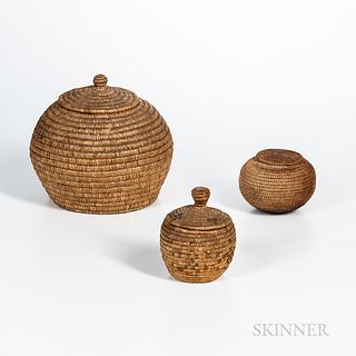 Three Eskimo Coiled Lidded Baskets