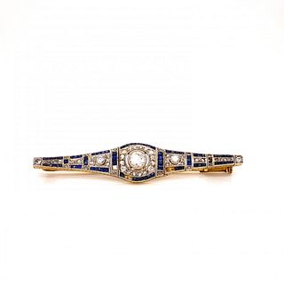 Art Deco  18k Gold Platinum Sapphire & Diamond Bar Brooch