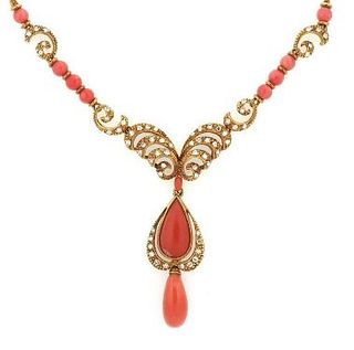 Vintage Coral & Diamond Pendant & Chain Necklace