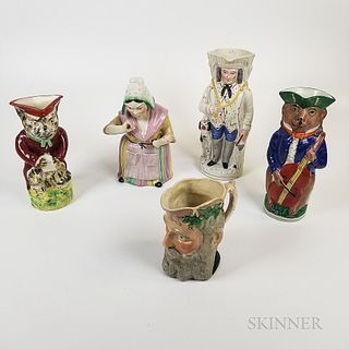 Four Staffordshire Ceramic Animal and Figural Jugs and a Jar