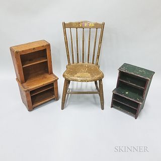 Two Child's Painted Step-back Cupboards and a Thumb-back Windsor Chair