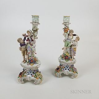 Pair of German Meissen-type Figural Porcelain Candlesticks