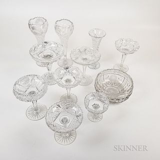 Eleven Colorless Cut Glass Bowls, Vases, and Tazzas