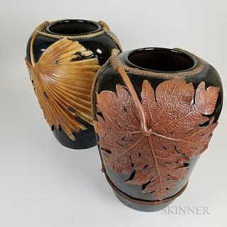 Two Large Glazed Pottery Vases with Applied Leaves