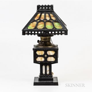 Arts and Crafts Iron and Slag Glass Table Lamp