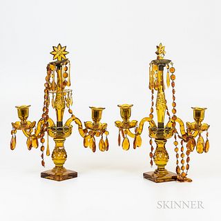 Pair of Amber Cut Glass Two-light Candelabra