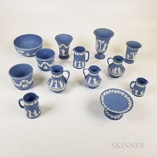 Thirteen Modern Wedgwood Light Blue Jasper Tableware Items.