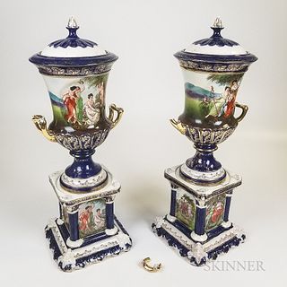 Pair of Continental Ceramic Urns and Pedestals