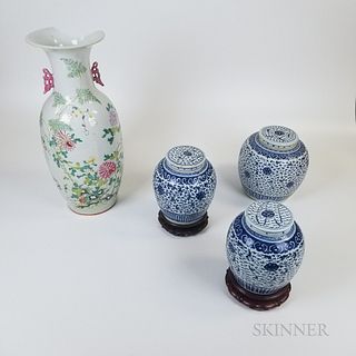 Three Chinese Blue and White Porcelain Ginger Jars and a Famille Rose Vase