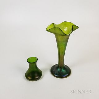 Two Green Iridescent Glass Vases