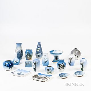 Eighteen Royal Copenhagen and Bing & Grondahl Porcelain Vases and Trays