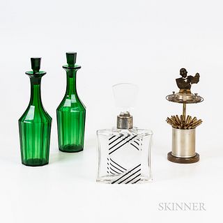 Pair of Emerald Glass Decanters, an Art Deco Perfume Bottle, and a Straw Dispenser
