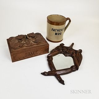 Large English Ceramic "Father's Mug," a Carved Oak Mirror, and a Carved Wood Box