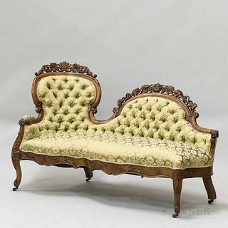 Rococo Revival Carved and Upholstered Walnut Recamier